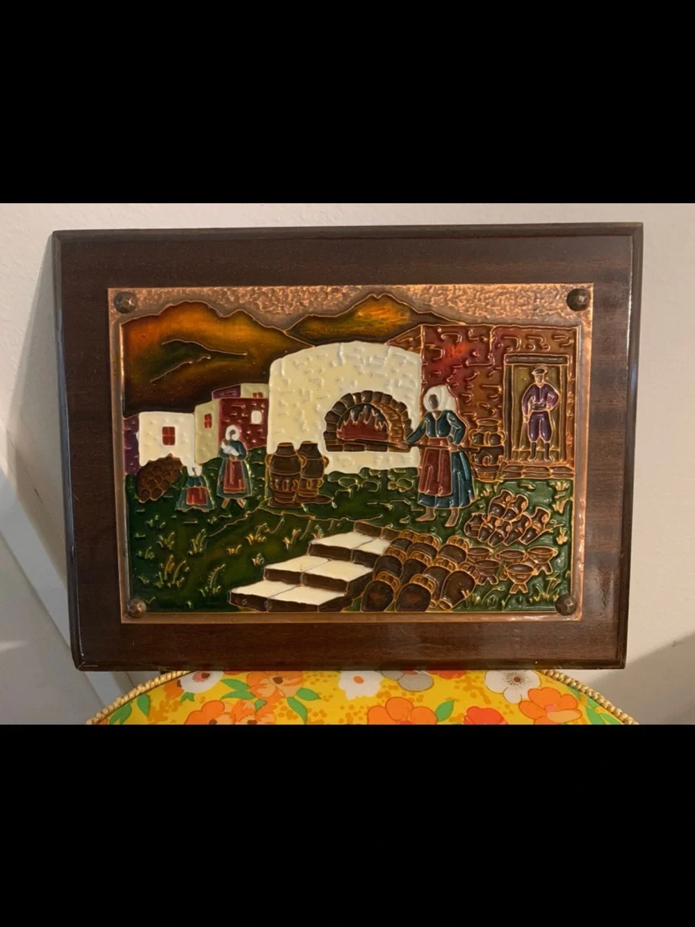 Copper engraved on plaque of wood decor/ art